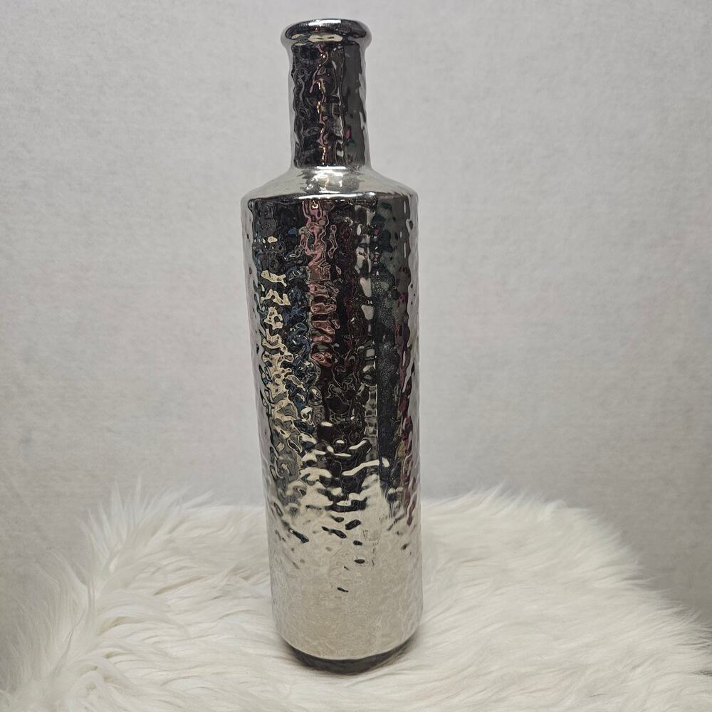 Silver Metallic Textured Vase 12” Modern Hammered Finish Shiny Glam Home Decor
